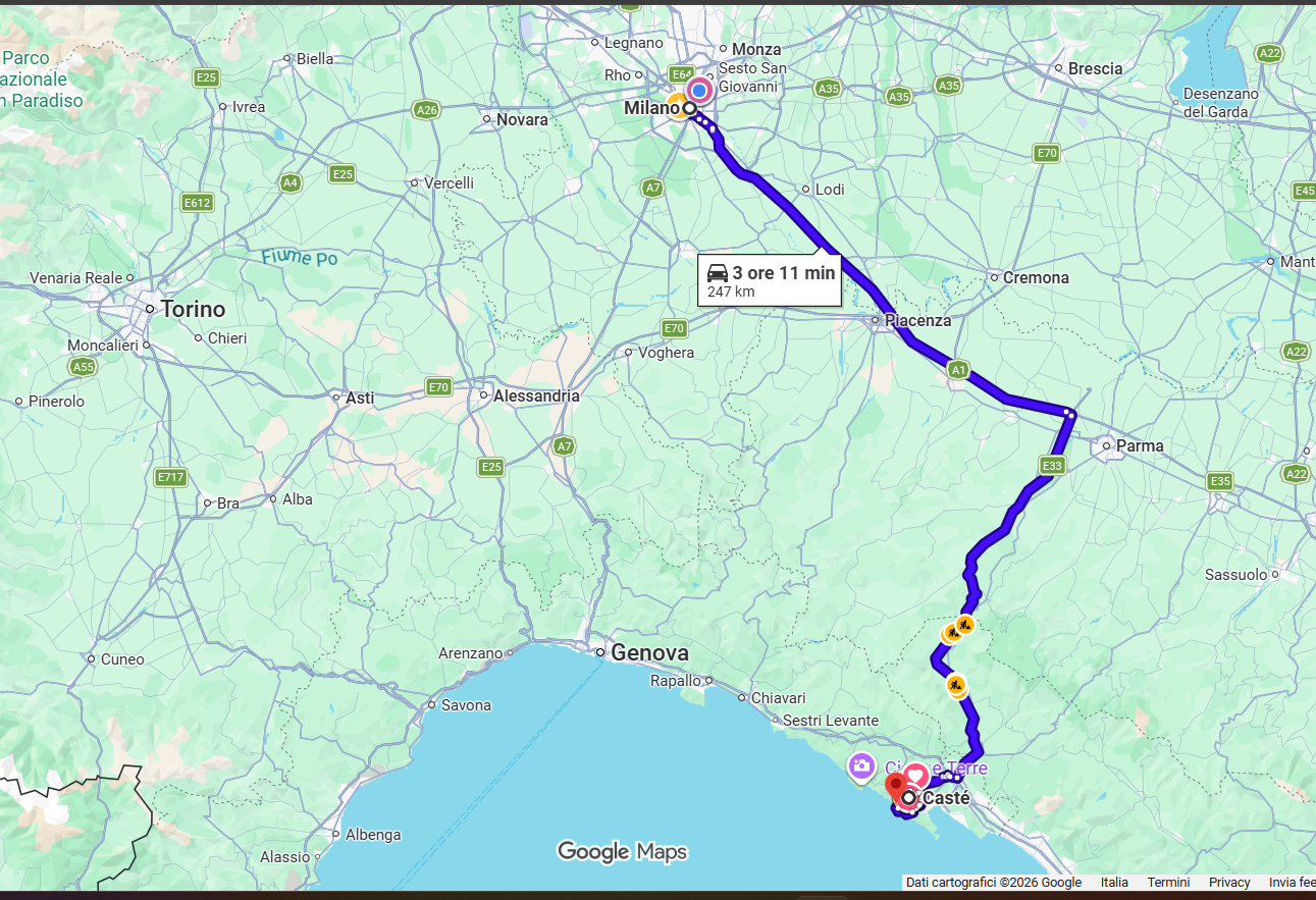 Google maps percorso da Milano ( Lombardia) a Caste' e Riomaggiore Cinque Terre - Liguria