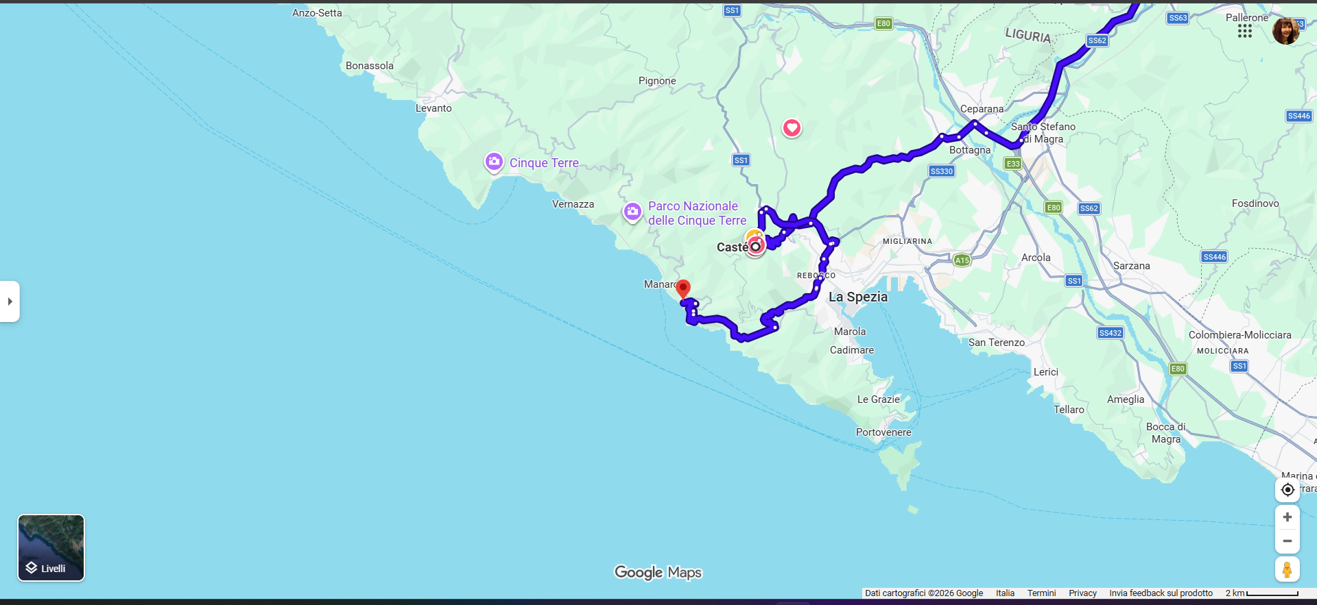 Mappa percorso da Caste'- Ricco' del Golfo di Spezia- a Riomaggiore Cinque Terre